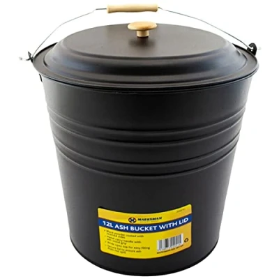 Image of 12L Black Metal Ash Bucket Wooden Handle Fireplace Container Coal Storage, &amp; Lid Log Holder Living Room, Fireplace, Fire Pit Wood Burning Stove Bin, Includes