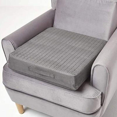 Image of HOMESCAPES Grey Quilted Armchair Booster Cushion with Removable Cover 50 cm Square 10cm Deep Firm Orthopaedic Foam Seat Pad Soft Faux Suede Washable