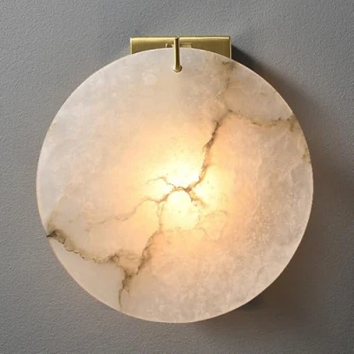 Image of TRIVIDHA Alabaster Sconce Round Marble Wall Lamp Gold Brass Base Mount Light E14 Stone Modern Design Decor Lighting For Living Room Bedroom Bathroom Hallway