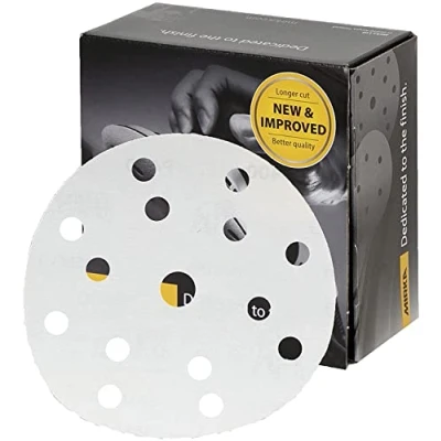 Image of Mirka Basecut White Hook and Loop It 150mm 6 Inch Sanding Discs Box 50 Abrasive P60 Grit Automotive Refinishing Sandpaper 15 Hole Vacuum Dust Extraction System