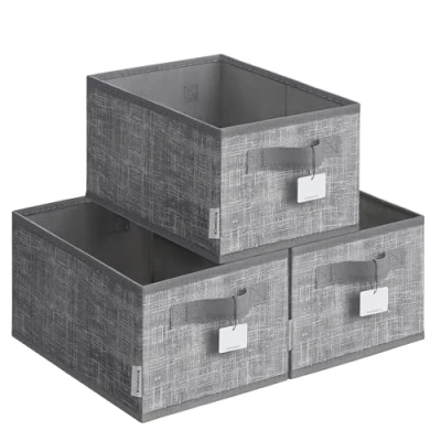 Image of SONGMICES Collapsible Storage Boxes, Set of 3 Fabric Baskets, 30 x 20 15 cm, Wardrobe Organisers, 2 Handles, Label Holders, for Bedroom, Living Room, Cattail Grey ROB415G01