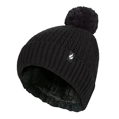 Image of HEAT HOLDERS Ladies Cable Knit Turnover Pom Hat One Size Black