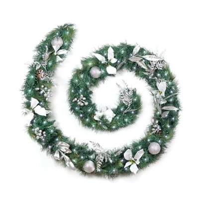 Image of Best Artificial White/Silver Decorated Christmas Garland with 80 Bright White LED Battery Lights (9ft Garland)