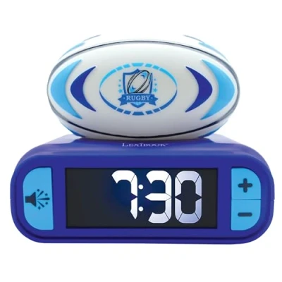 Image of Lexibook, Rugby Rubgy Nightlight Alarm Clock, Sounds and Melodies, LCD Backlit screen, Luminous, Snooze, Blue/White