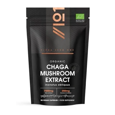 Image of Organic Chaga Mushroom Capsules 7500mg 50% Polysaccharides (250mg) 90 Vegan (3 Months Supply) Resealable and Recyclable Pouch by Alpha01