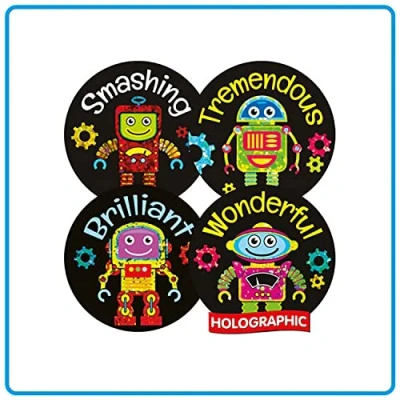 Image of 100 Holographic Robot Motivational Childrens Pupils School Teachers Reward Stickers 32mm Brainwaves Primary Teaching Services