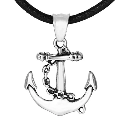 Image of DonDon Mens Leather Necklace 19.7&quot; 50 cm with Stainless Steel Pendant Anchor Sailing Boat