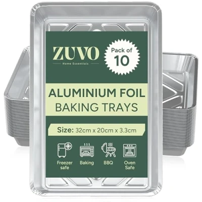 Image of Zuvo Aluminium Foil Baking Trays (10 Pack) 32cm x 20cm 3.3cm for Cooking, Freezing, Serving and Storing Tray Oven
