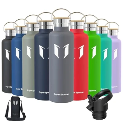 Image of Super Sparrow Water Bottle Stainless Steel 1000ml Vacuum Insulated Metal Standard Mouth Flask BPA Free Straw for Work, Gym, Travel, Sports