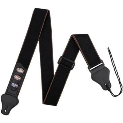 Image of Cotton Guitar Strap, Top Grade Strap with Leather Ends and Pick Pocket, 3 Picks Included, concise style Adjustment for Electric &amp; Acoustic ,Bass (Black)