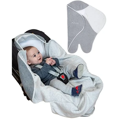 Image of PurFlo Cosy Wrap Travel Blanket Luxury Cotton Lining &amp; Soft Fleece Outer Breathable Car Seat Pram Star Safer Alternative to a Loose Baby 0 9 Months Minimal Grey