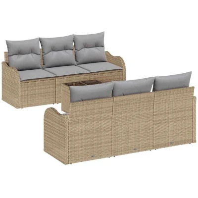 Image of vidaXL 7 Piece Garden Sofa Set with Cushions Beige Poly Rattan