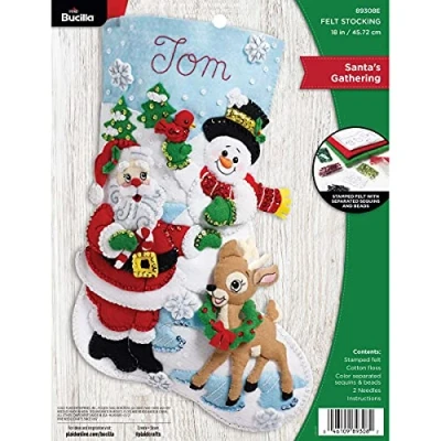 Image of Bucilla Felt Applique Christmas Stocking, Santa&#039;s Gathering, 18&quot;, Fabric, 1