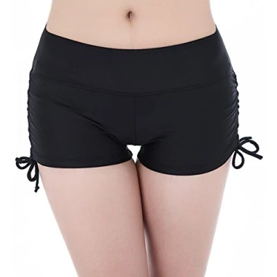 Image of FLYILY Women&#039;s Sports Swim Shorts with Adjustable Drawstring Mini Boyshorts Bikini Swimwear Tankini Bottoms Black