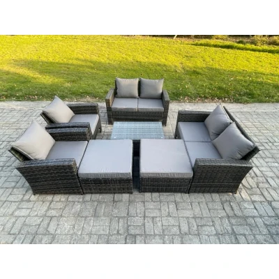 Image of Outdoor Rattan Garden Furniture Set 8 Seater Patio Lounge Sofa with Coffee Table 2 Big Footstool Dark Grey Mixed Fimous