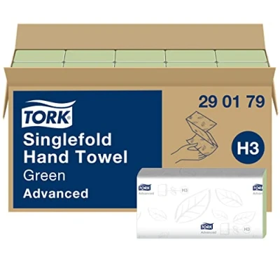 Image of Tork Singlefold Paper Hand Towels 290179 H3 Advanced Folded for Commercial Dispensers Absorbent, Tear Resistant, 2 Ply, Green 15 x 250 Sheets