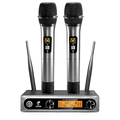 Image of Wireless Microphones, TONOR Metal Dual Professional UHF Cordless Dynamic Mic, Handheld Microphone System with Receiver for Home Karaoke, Meeting, Party, Church, DJ, Wedding, Singing, 200ft, TW820 Gray