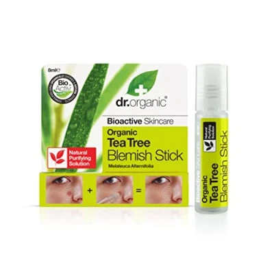 Image of Dr Organic Tea Tree Blemish Stick, Minimise Spots &amp; Reduce Redness, For Acne , Clear Skin, Purifying, Natural, Vegan, Cruelty Free, Paraben SLS Certified Organic, 8ml, Packaging may vary