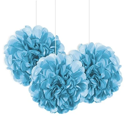 Image of Powder Blue Mini Puff Tissue Hanging Decorations (22cm) Set of 3 Fluffy Charms for Parties, Events, and Home Decor