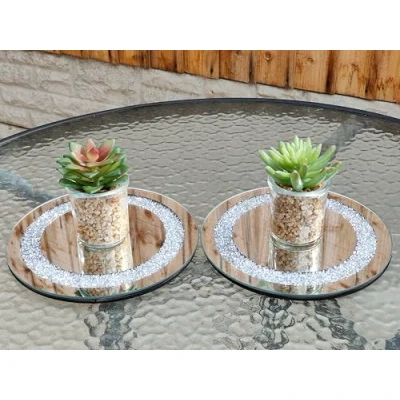 Image of EagleWiz Set of 2 Silver Round Crushed Jewels Diamante Mirrored Candle Plate Wedding Table Centrepiece Crystal candleplates 20cm