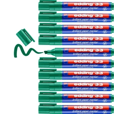 Image of edding 33 brilliant paper marker green 10 waterproof permanent markers chisel nib 1 5 mm vibrant colours lightfast marking on paper, card, cardboard, plastic, metal and glass