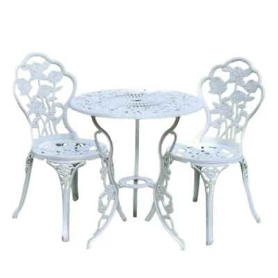 Image of Easylife Bistro Garden Set (White) Elegant Outdoor Sets for 2, Cast Aluminium Rose Motif Table and Chairs, Small Patio Chairs (Table 60cm Diameter) Fully Guaranteed