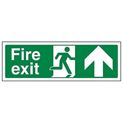 Image of V Safety 14001AX S Fire Exit Arrow Up Sign Landscape 300mm x 100mm Self Adhesive Vinyl, Green