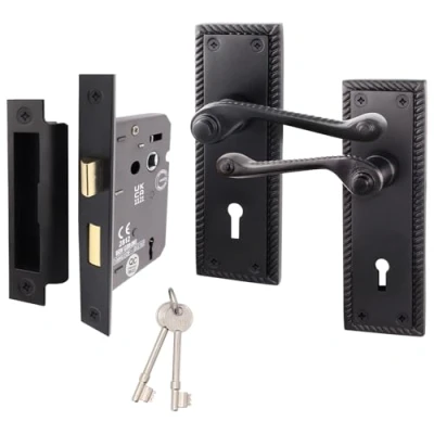 Image of EAI Matt Black Georgian Scroll Door Handle Key Lock Set 1 Pair Internal Lever Handles, 64mm &amp; Keys Rope Design