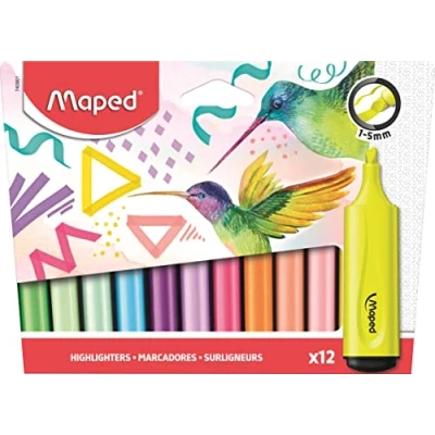 Image of Maped Extra soft, flexible highlighters x12 perfect for calligraphy, journalling, revision notes and office work assorted pastel shades + fluorescents bevelled tip: 1 5mm line width