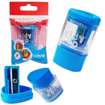 Image of Nataraj Combo Pencil Sharpener with Mess Free Canister and Eraser Tidy up 2 in 1 &amp; Set (Pack of Blue Body)