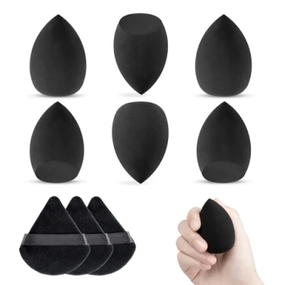 Image of Make Up Sponge Set with Powder Puff Triangle, 6 Pieces Makeup Sponges Beauty Black for Blending Liquid Foundation Powder, Reusable Soft