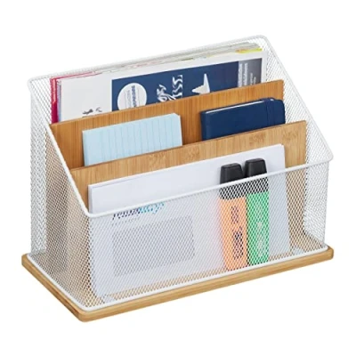 Image of Relaxdays Desk Organiser, Metal &amp; Bamboo, 3 Compartments, Letter Tray, Paper Stand, HWD: 15x18.5x10 cm, White/Natural, 70% Iron 30%