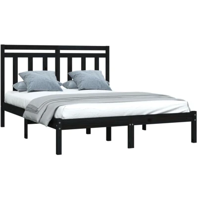 Image of vidaXL Modern King Size Bed Frame Solid Pinewood &amp; Sturdy Plywood Slats Comfortable Headboard Ideal for 150x200 cm Mattress Black