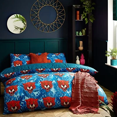 Image of furn. Untamed Animal Print Duvet Cover Set Blue Cotton Size Single