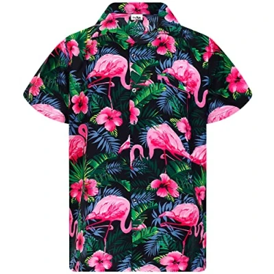 Image of King Kameha Mens Funky Flamingos Short Sleeve Hawaiian Shirt Novelty Summer Vibes, Flamingo Flowers, Black Pink, XS