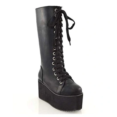 Image of ESSEX GLAM Ladies Knee High Platform Wedge Womens Lace Up Biker Boots Size 3 4 5 6 7 8 Black Synthetic Leather