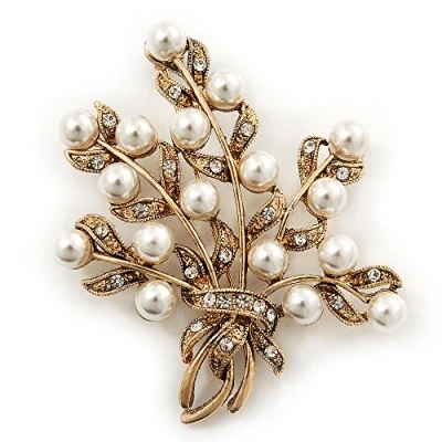 Image of Avalaya White Simulated Pearl/Clear Crystal Floral Brooch in Gold Plating 6cm Length