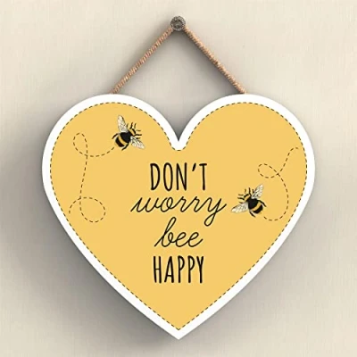 Image of Global Designs Don&#039;T Worry Bee Happy Yellow Themed Decorative Wooden Heart Shaped Hanging Plaque