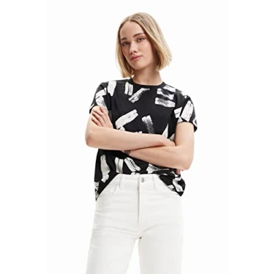 Image of Desigual Glasgow Arty Hand Drawn Monochrome Tshirt 23SWTKAP Black
