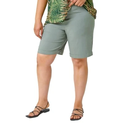 Image of Roman Originals Stretch Shorts for Women UK Ladies Pull On Turned Hem Cut Off Bengaline Mom Boyfriend Boy Denim Casual Cropped Pants Capri Slim Fit Turn Up Summer Crops Mother Khaki Size 30