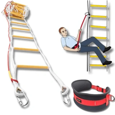 Image of ISOP Emergency Fire Ladder for 4 Story Homes 32ft (10m) Flame Resistant Safety Rope with Spring Hooks &amp; Security Belt Fast to Deploy Simple Use Portable Compact