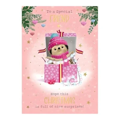 Image of Friend Christmas Card Special Hedgehog and Stars Artistic Festive Design Finish Made in the UK Eco Friendly
