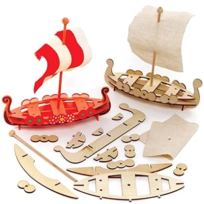 Image of Baker Ross FE627 Roman Ship Wooden Kits Pack of 3, Crafts for Children to Decorate and Display, Kids Educational Activity, White