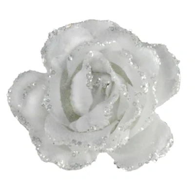 Image of Christmas Tree Decoration Clip on Rose Flower 10cm Fabric with Glitter Wedding (White 9979)
