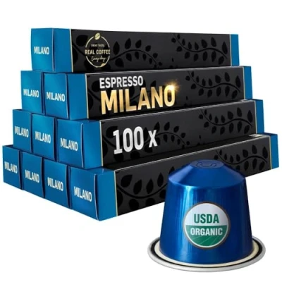 Image of MILANO Extra Strong Organic Espresso 100 Pods Compatible With Nespresso Dark Roast