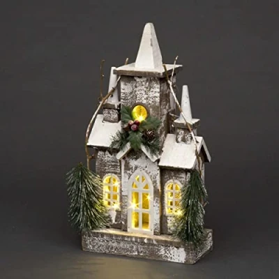 Image of SHATCHI Christmas Holiday Home Décor Battery Operated Wooden House Tabletop Centrepiece with Berries, Pines and Small Warm White Bulbs (43cm/52cm/66cm), Wood, 23 x 10 43H cm