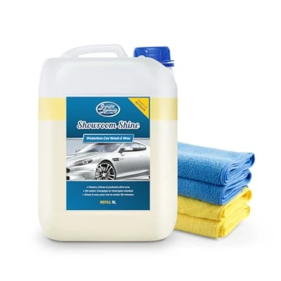 Image of Greased Lightning Showroom Shine Waterless Car Wash and Wax, Super Easy Fast, No Water, Premium Shine, Protects Cleans, For Cars, Caravans, Motorbikes 5 Litre Refill Plus 4 Microfibre Cloths