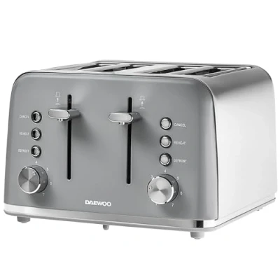 Image of Daewoo Kensington, Toaster 4 Slice, Stainless Steel, Removable Crumb Tray, Defrost, Reheat And Browning Controls, Cancel Function, High Lift Lever, Easy To Clean, Grey