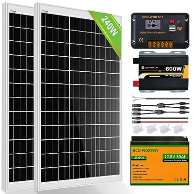 Image of ECO WORTHY 240W Off Grid Solar Panel Kit 12V 1kWh/Day for Motorhome Boats: 2pcs 120W Bifacial Panels+50Ah LiFPO4 Battery+30A Charge Controller+600W Inverter