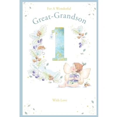 Image of Great Grandson 1st Birthday Card Age 1 Acorn Pixie 9&quot; x 6&quot; Lovely Verse